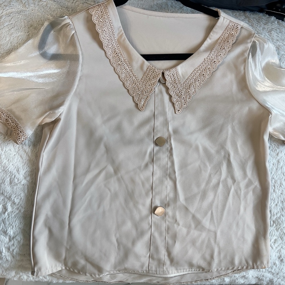 Elegant Cream Lace Collar Women's Top